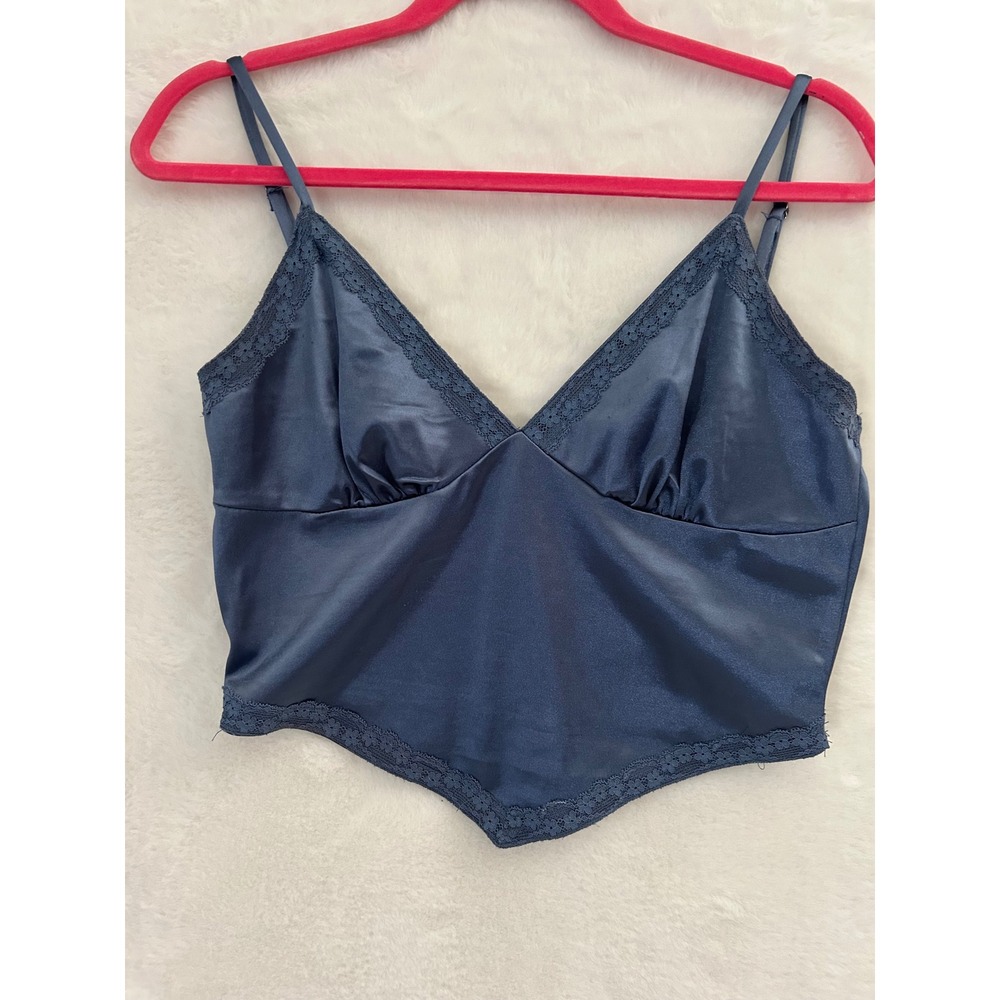 Better Be Navy Blue Satin Lace Trim Camisole Top Womens Large Handkerchief Hem